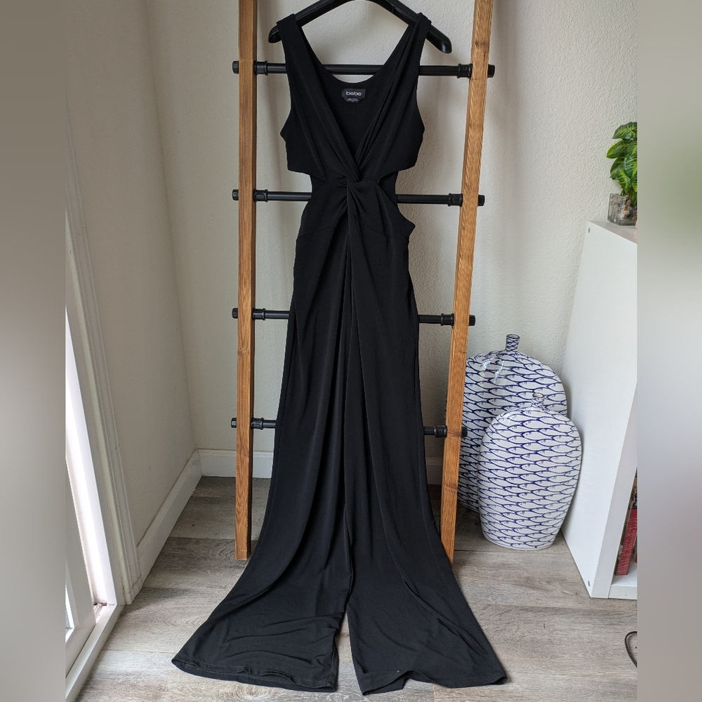 Bebe Women's Elegant Black Evening Jumpsuit With Side Waist Cutouts - Size SP
